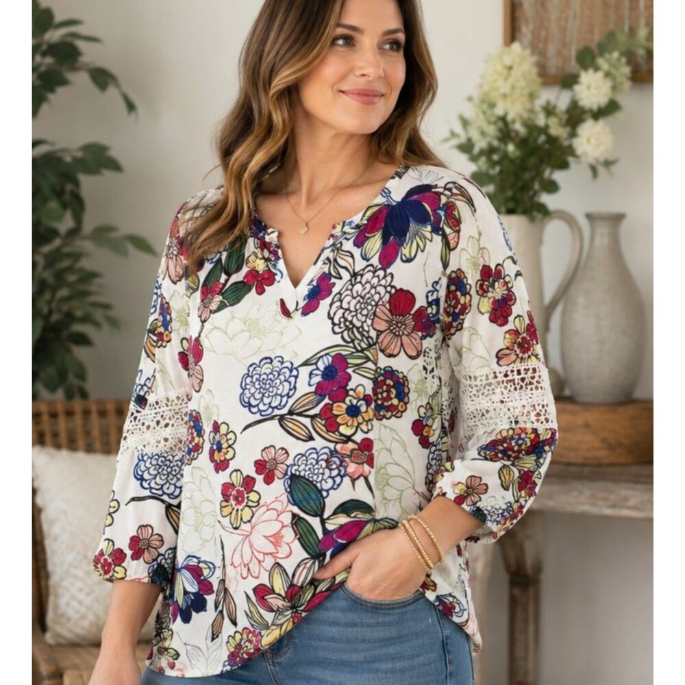 Zac & Rachel Womens XL Floral Blouse Crochet Lace 3/4 Sleeve Cottagecore